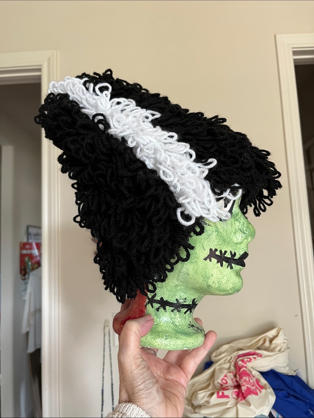 Black & White Loop crochet bride of Frankenstein Yarn ‘Hair Bonnet’ for Adult